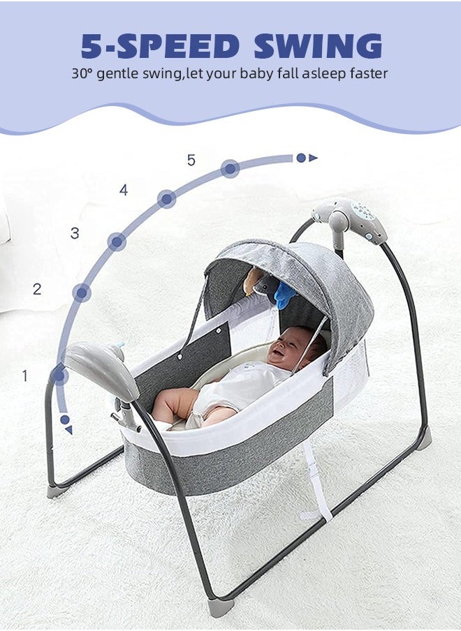 Electric Baby Cradle Grey Baby Bed Cradle 3-Speed Automatic Baby Swing Baby Cradle Rocker with 3 Plush Toy Pendants and Pillow Bluetooth Infant Crib Cradle with Music
