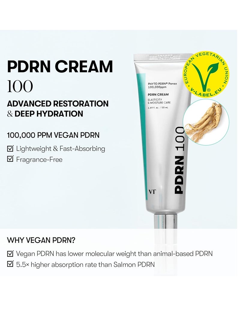 VT COSMETICS PDRN Cream 100, Nourishing & Restorative Moisturizer with 100,000 ppm Vegan PDRN, Lightweight Hydrating Cream for Glowy Glass Skin, Korean Skincare