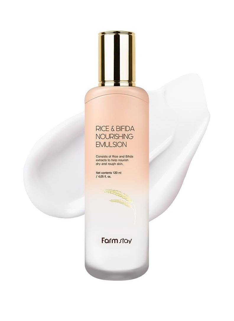 FARMSTAY Rice & Bifida Nourishing Emulsion, Dark Spots Correcting Remover with Niacinamide, Hydrating & Smoothing Rice Moisturizer for Glow Skin, for Women & Men, Korean Skin Care, 4.05 Fl. Oz.