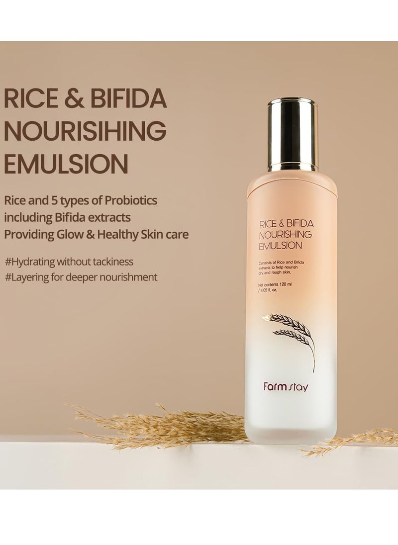 FARMSTAY Rice & Bifida Nourishing Emulsion, Dark Spots Correcting Remover with Niacinamide, Hydrating & Smoothing Rice Moisturizer for Glow Skin, for Women & Men, Korean Skin Care, 4.05 Fl. Oz.