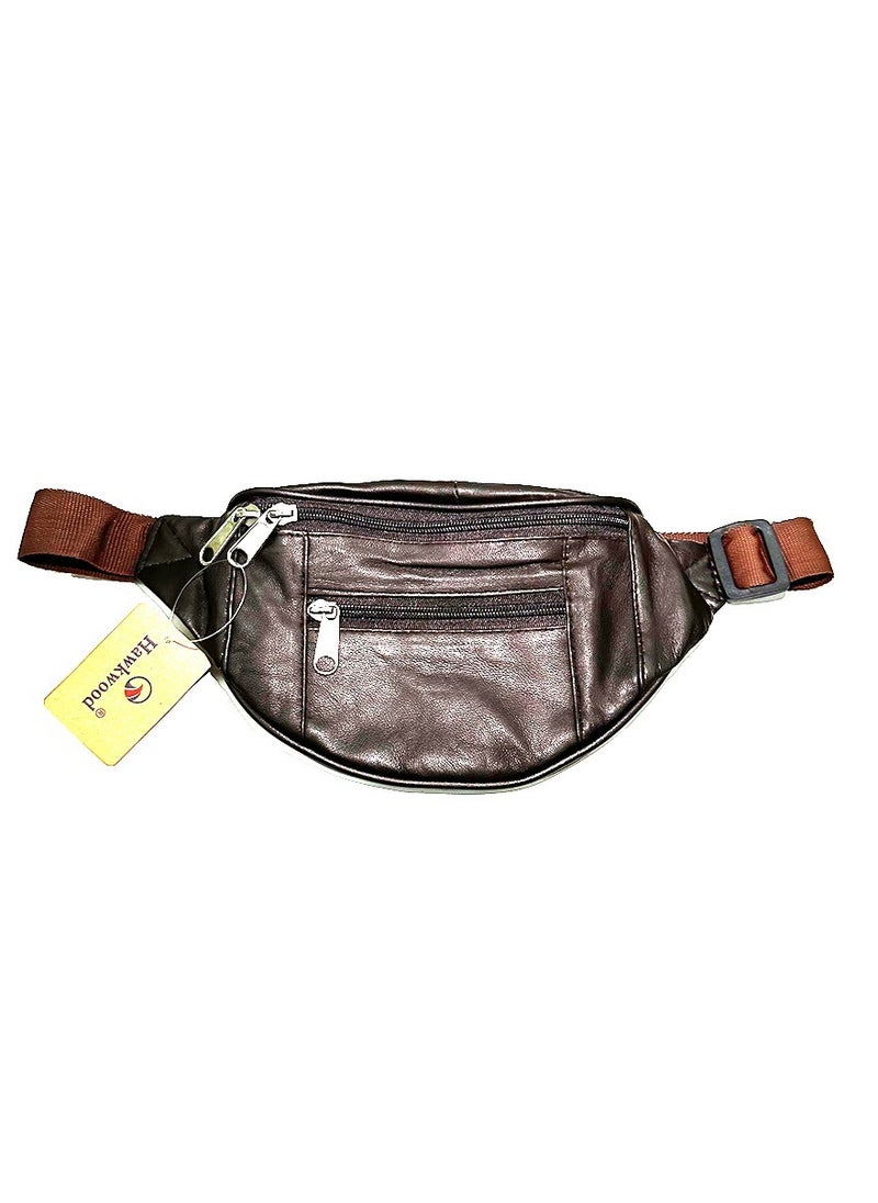 Sheep Leather Fanny Pack, Brown, Multiple Zippered Compartments, Adjustable Waist Strap