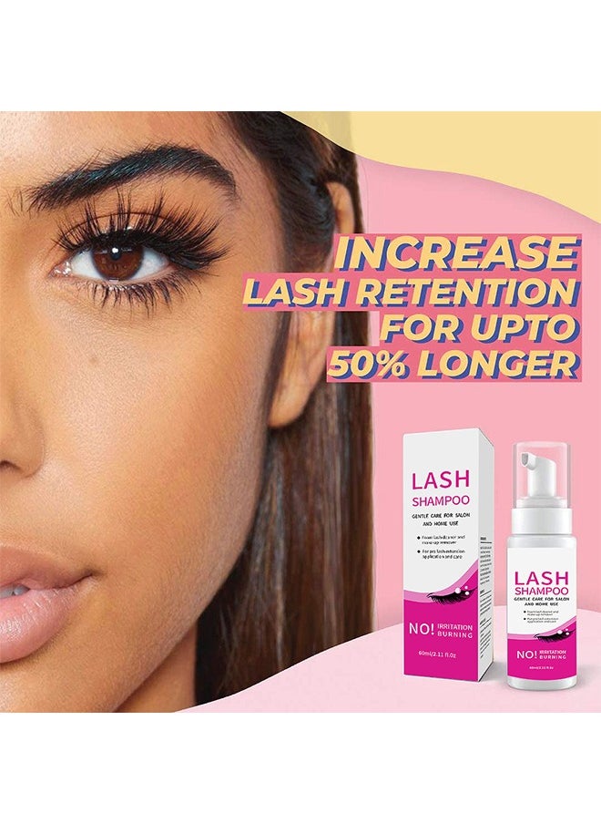 Lash Shampoo, Foam Lash Deaner and Make Up Remover, Lash Cleaning Kit, Mousse Eyelash Shampoo for Eyelash Extensions, Relieve Itching, Gentle Care for Salon and Home Use  (60ml+Brush+Mascara Wand)
