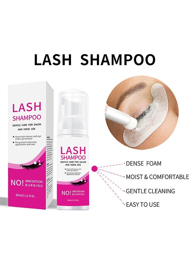 Lash Shampoo, Foam Lash Deaner and Make Up Remover, Lash Cleaning Kit, Mousse Eyelash Shampoo for Eyelash Extensions, Relieve Itching, Gentle Care for Salon and Home Use  (60ml+Brush+Mascara Wand)