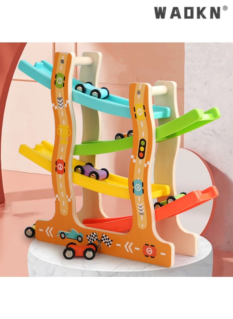 Wooden Four-Track Inertia Gliding Car and Race Track Set Toy, Specially Crafted for Toddlers Aged 1-3, Made of Safe Materials, Combining Education with Fun