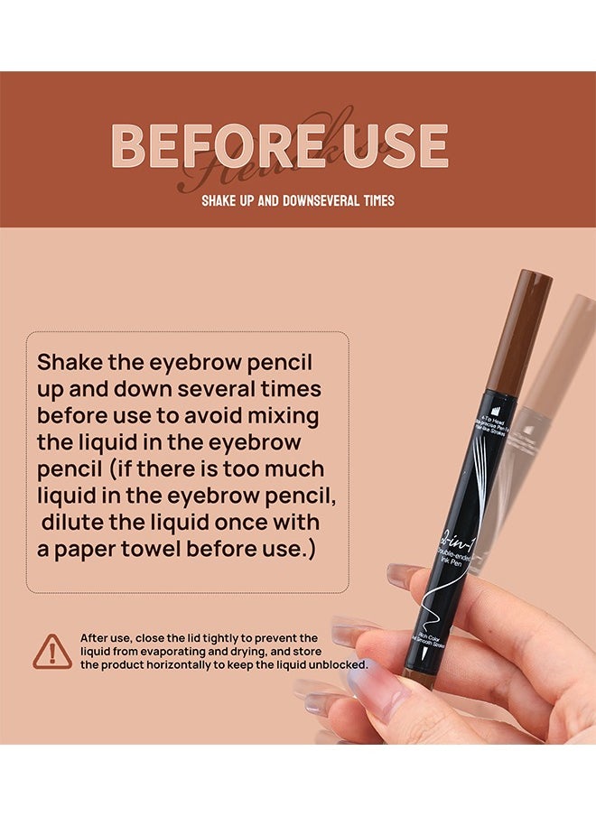 Liquid Eyebrow Pen, 2-In-1 Dual-Ended Ink Pen, 2-In-1 Dual-Ended Eyebrow Pencil with 4-Prong Micro Fork Tip Applicator & Precise Brush Tip Creates Natural Eyebrows, Dark Brown, 1ml+1ml