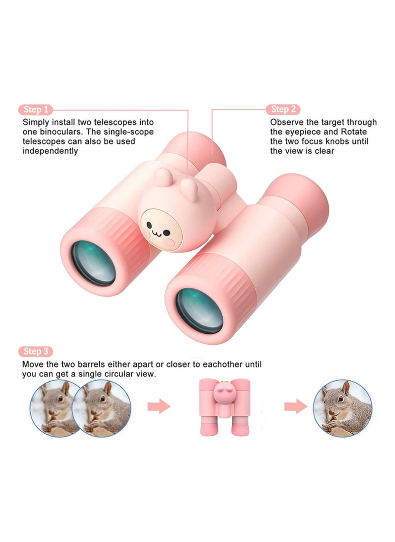 Sharing Binoculars for Kids, 10x28 Kids Binoculars for 3-12 Years Boys and Girls, Detachable Compact Binoculars, Birthday Presents Back to School Gifts for Kids (Pink)