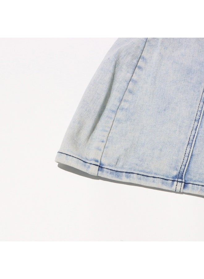 Women's Off-Shoulder Denim Dress with Ruffled Hem and 3D Floral Detail - Chic Style for Trendy Ladies