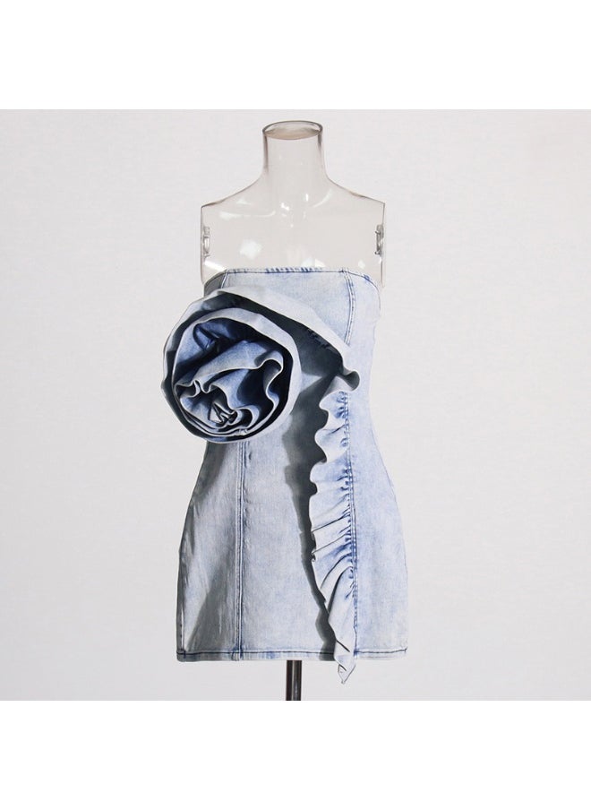 Women's Off-Shoulder Denim Dress with Ruffled Hem and 3D Floral Detail - Chic Style for Trendy Ladies