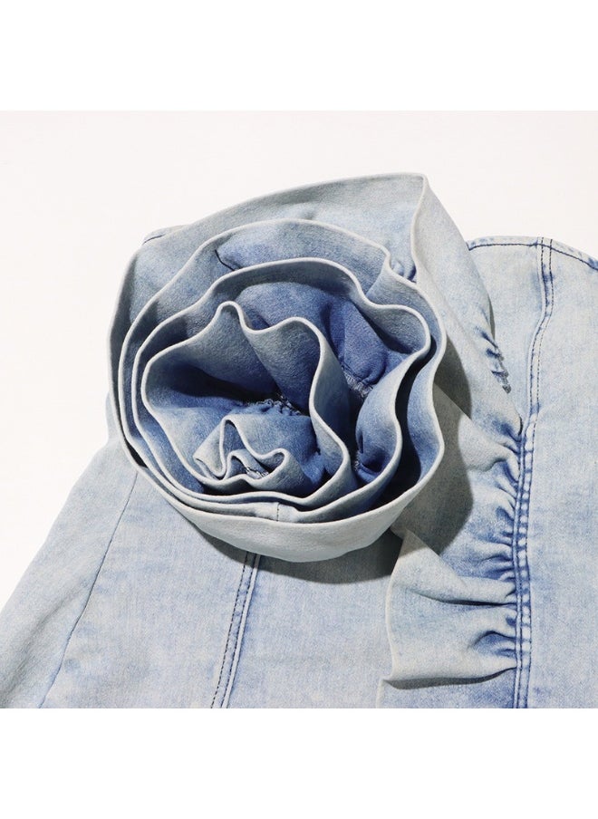 Women's Off-Shoulder Denim Dress with Ruffled Hem and 3D Floral Detail - Chic Style for Trendy Ladies