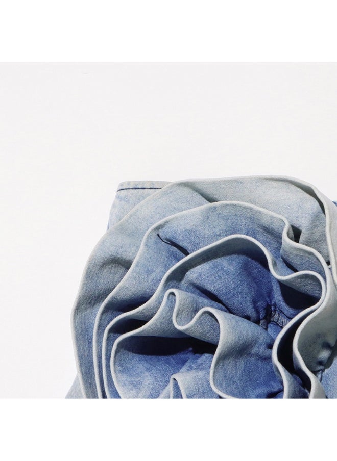 Women's Off-Shoulder Denim Dress with Ruffled Hem and 3D Floral Detail - Chic Style for Trendy Ladies