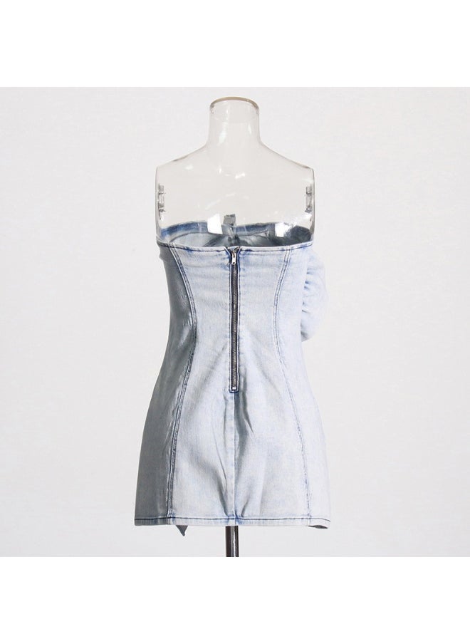 Women's Off-Shoulder Denim Dress with Ruffled Hem and 3D Floral Detail - Chic Style for Trendy Ladies