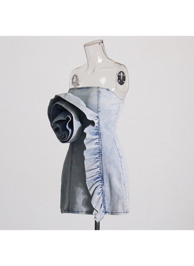 Women's Off-Shoulder Denim Dress with Ruffled Hem and 3D Floral Detail - Chic Style for Trendy Ladies