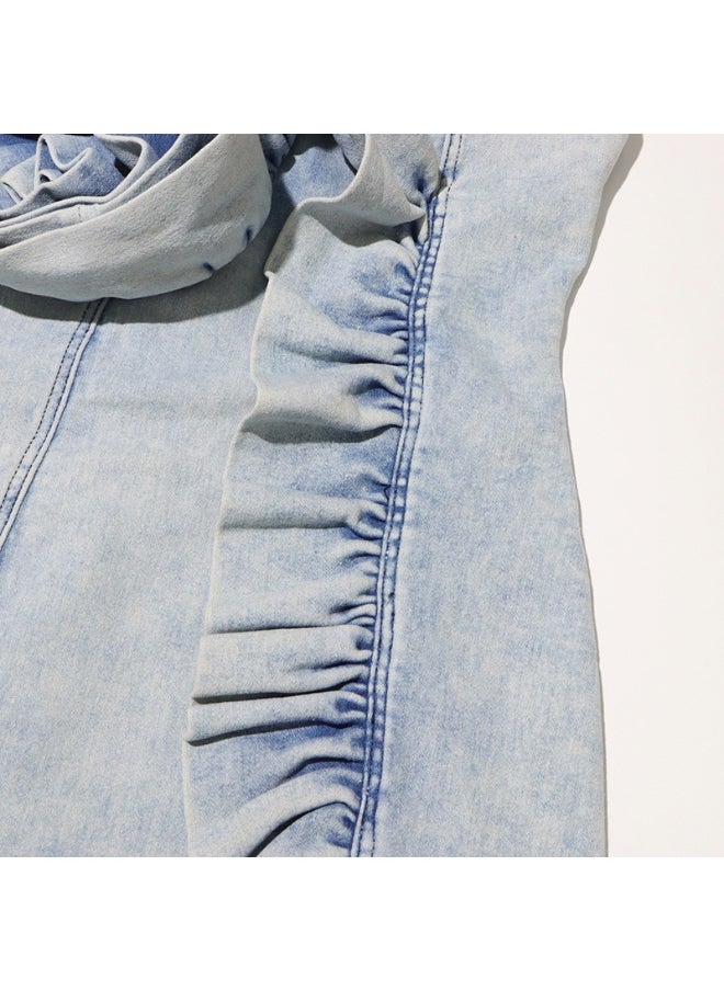 Women's Off-Shoulder Denim Dress with Ruffled Hem and 3D Floral Detail - Chic Style for Trendy Ladies
