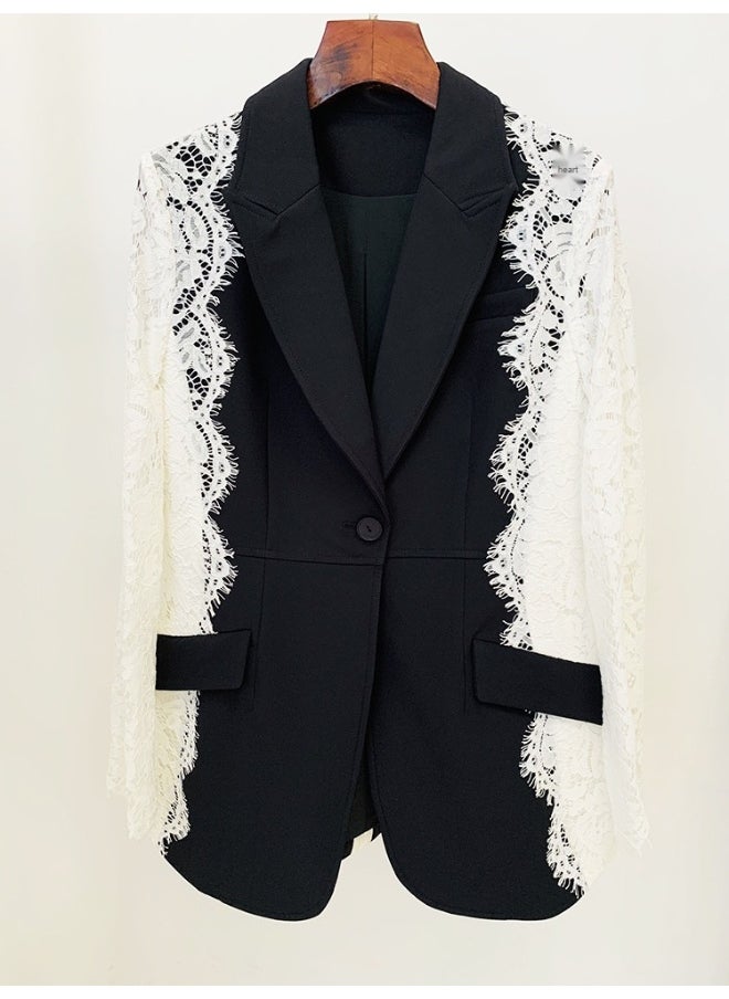 European and American Celebrity Fashion Slim Fit One-Button Color Block Lace Patchwork Blazer