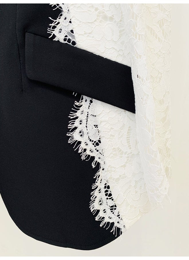 European and American Celebrity Fashion Slim Fit One-Button Color Block Lace Patchwork Blazer
