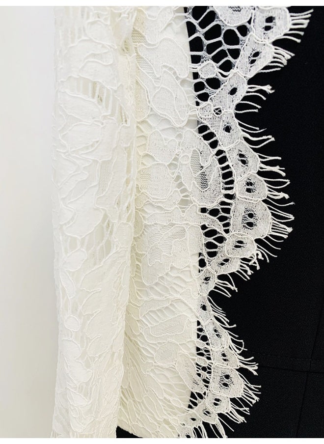 European and American Celebrity Fashion Slim Fit One-Button Color Block Lace Patchwork Blazer