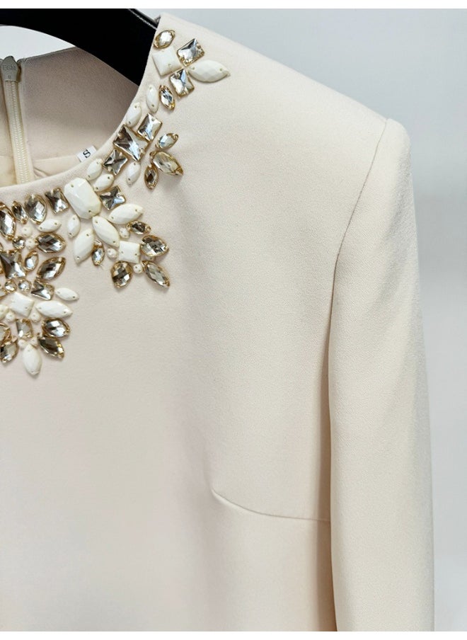 European and American Celebrity Style Fashion Heavy Beaded and Rhinestone Long Sleeve Dress