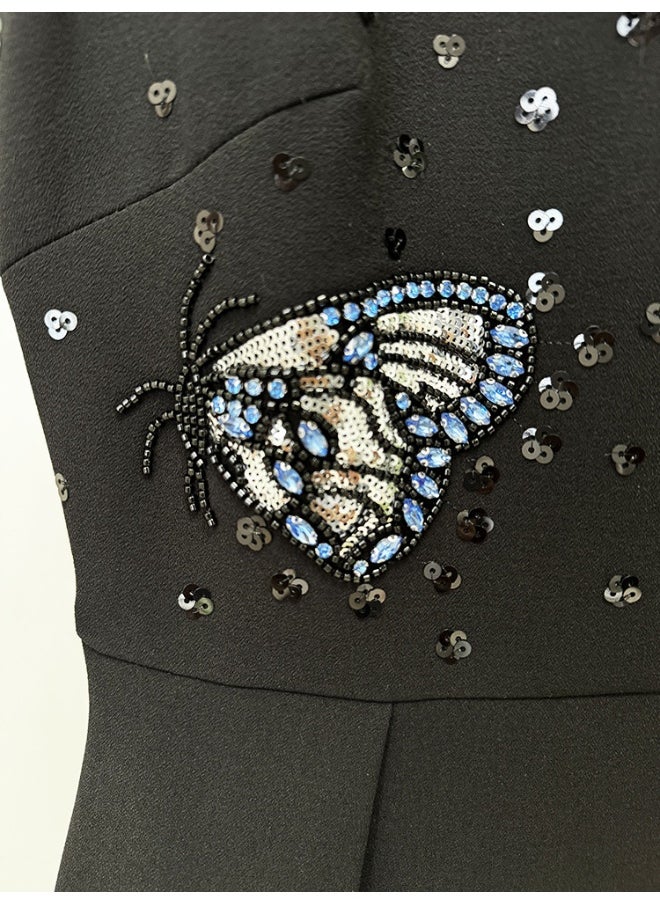 European and American Celebrity Fashion Heavy Beaded Rhinestone Butterfly Slim Fit Tank Dress