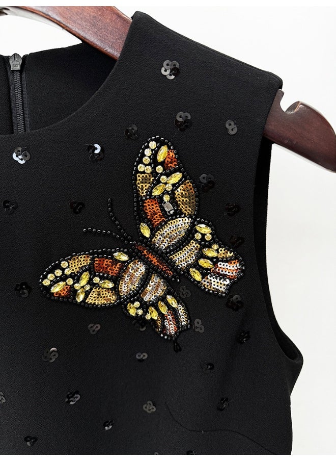 European and American Celebrity Fashion Heavy Beaded Rhinestone Butterfly Slim Fit Tank Dress
