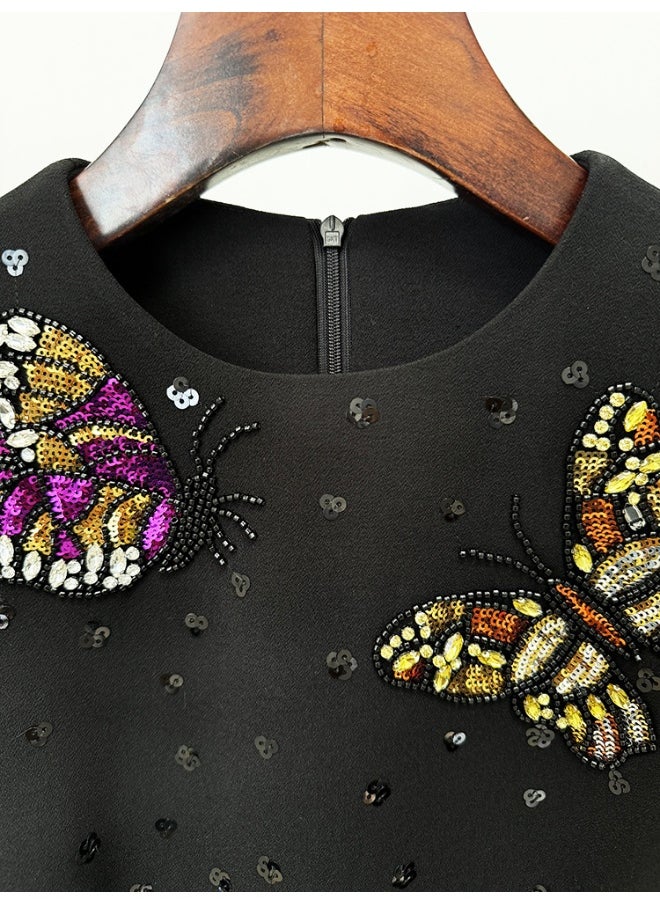 European and American Celebrity Fashion Heavy Beaded Rhinestone Butterfly Slim Fit Tank Dress