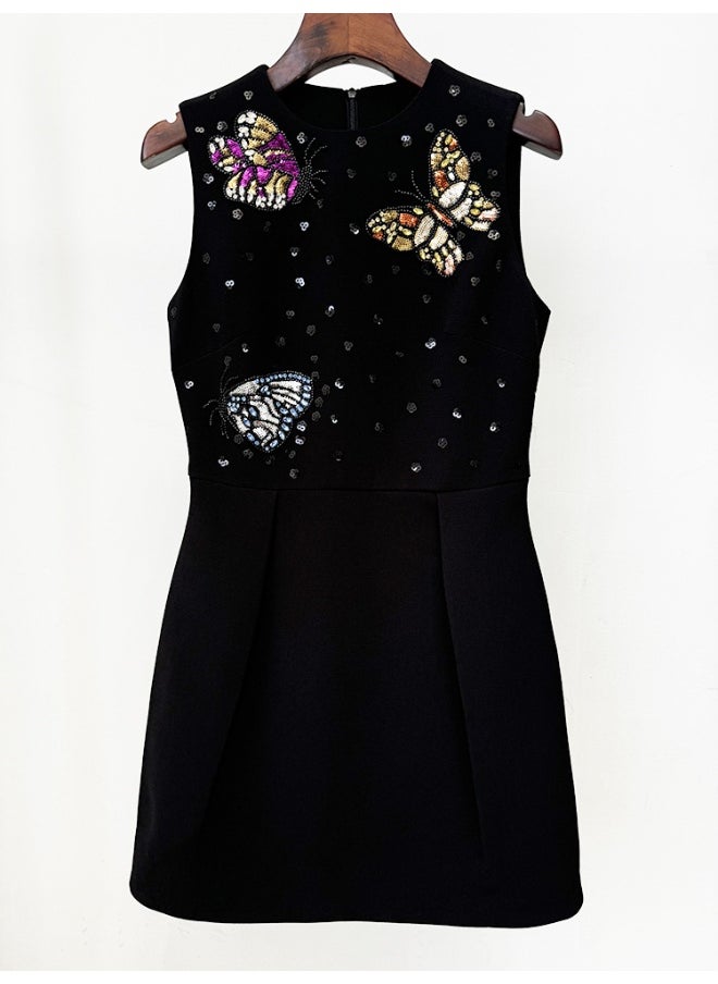 European and American Celebrity Fashion Heavy Beaded Rhinestone Butterfly Slim Fit Tank Dress