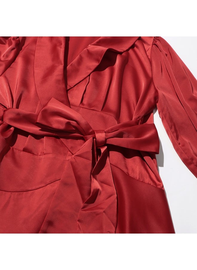 European and American High-Class Satin Tie Dress - Solid Color Shirt Mini Dress