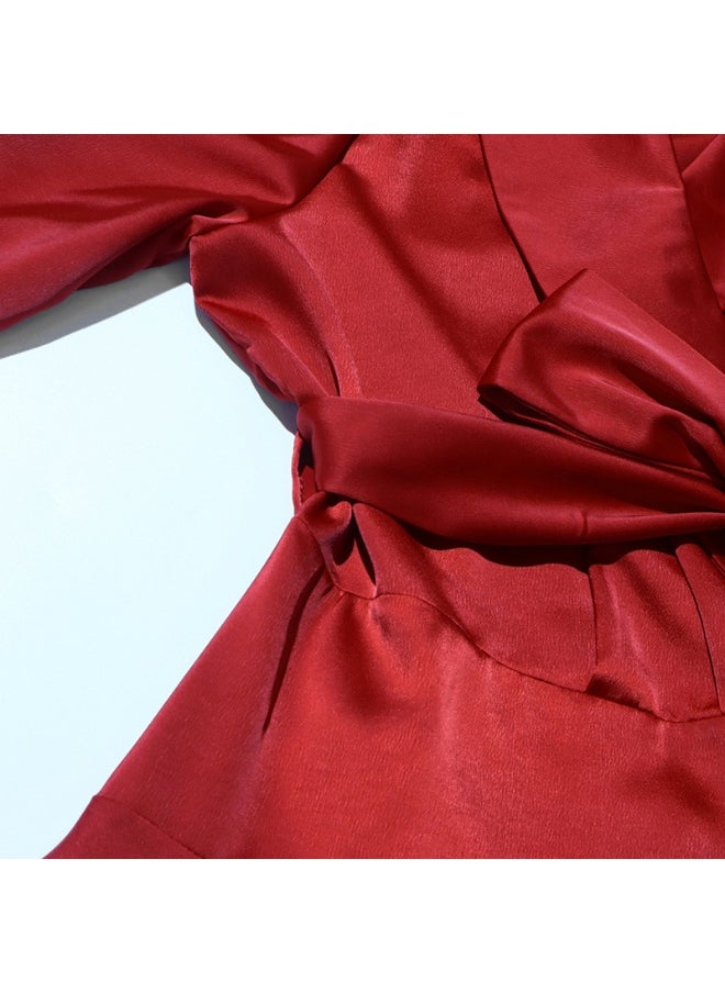 European and American High-Class Satin Tie Dress - Solid Color Shirt Mini Dress