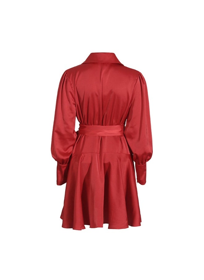 European and American High-Class Satin Tie Dress - Solid Color Shirt Mini Dress