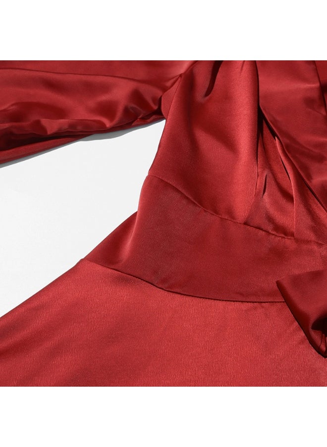 European and American High-Class Satin Tie Dress - Solid Color Shirt Mini Dress