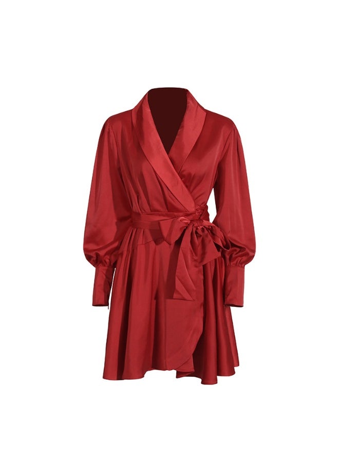 European and American High-Class Satin Tie Dress - Solid Color Shirt Mini Dress