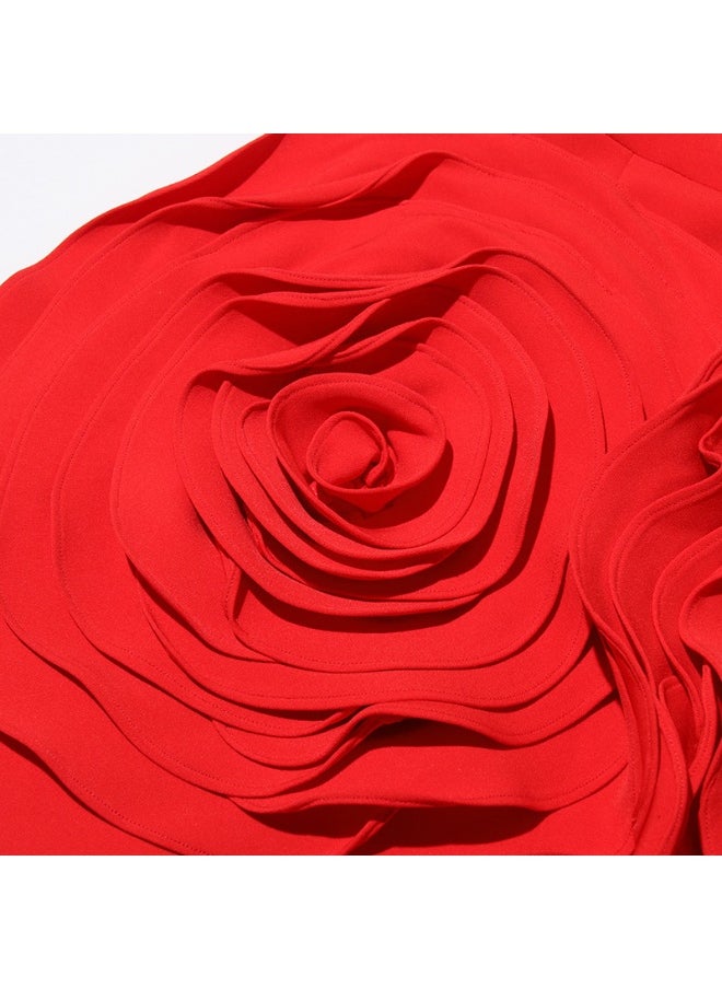 Elegant Strapless A-Line Dress with 3D Rose Flower Applique for Women