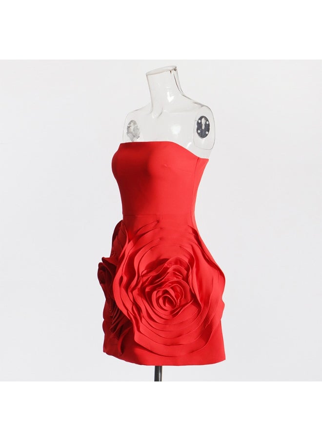 Elegant Strapless A-Line Dress with 3D Rose Flower Applique for Women