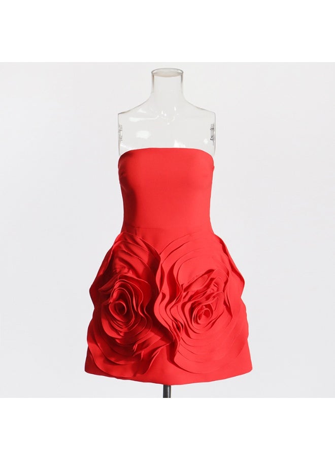Elegant Strapless A-Line Dress with 3D Rose Flower Applique for Women