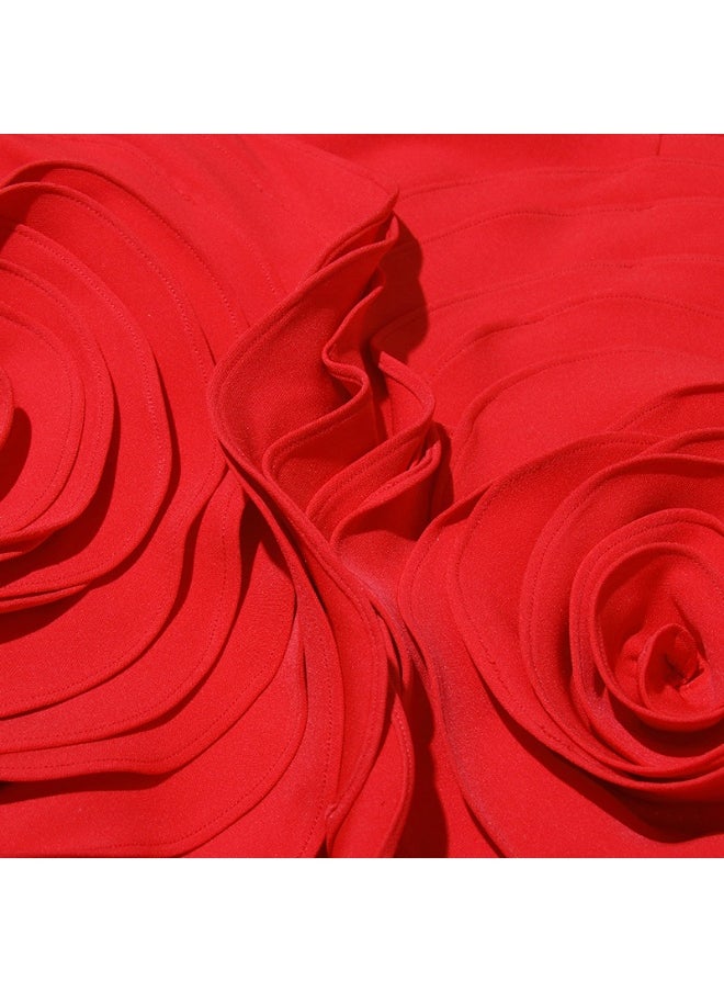 Elegant Strapless A-Line Dress with 3D Rose Flower Applique for Women