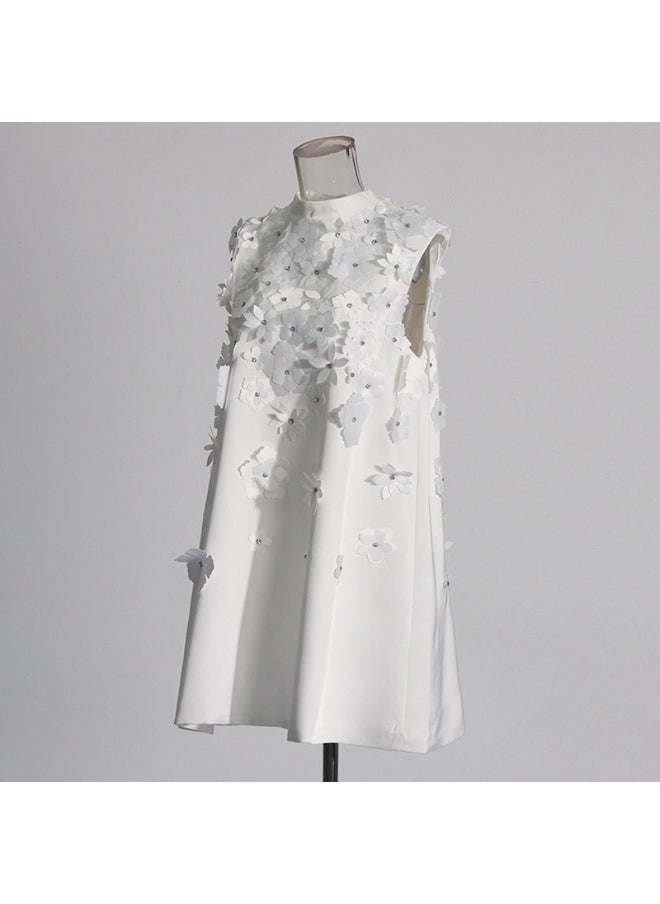 Chic Designer-Inspired Sleeveless A-Line Dress with 3D Floral Embellishments for Women