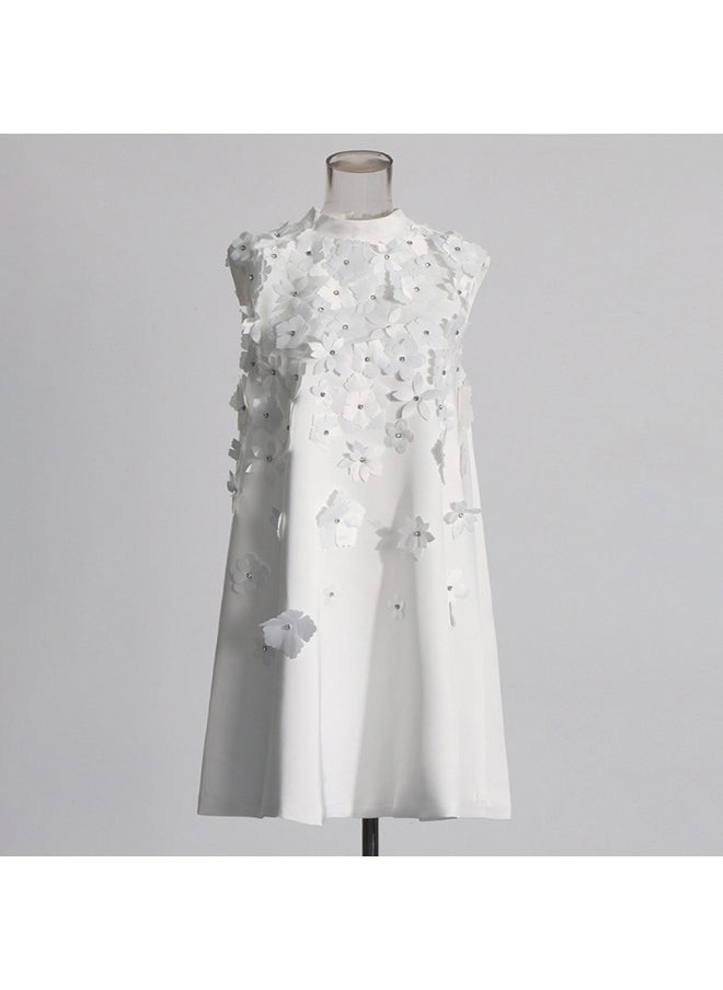 Chic Designer-Inspired Sleeveless A-Line Dress with 3D Floral Embellishments for Women