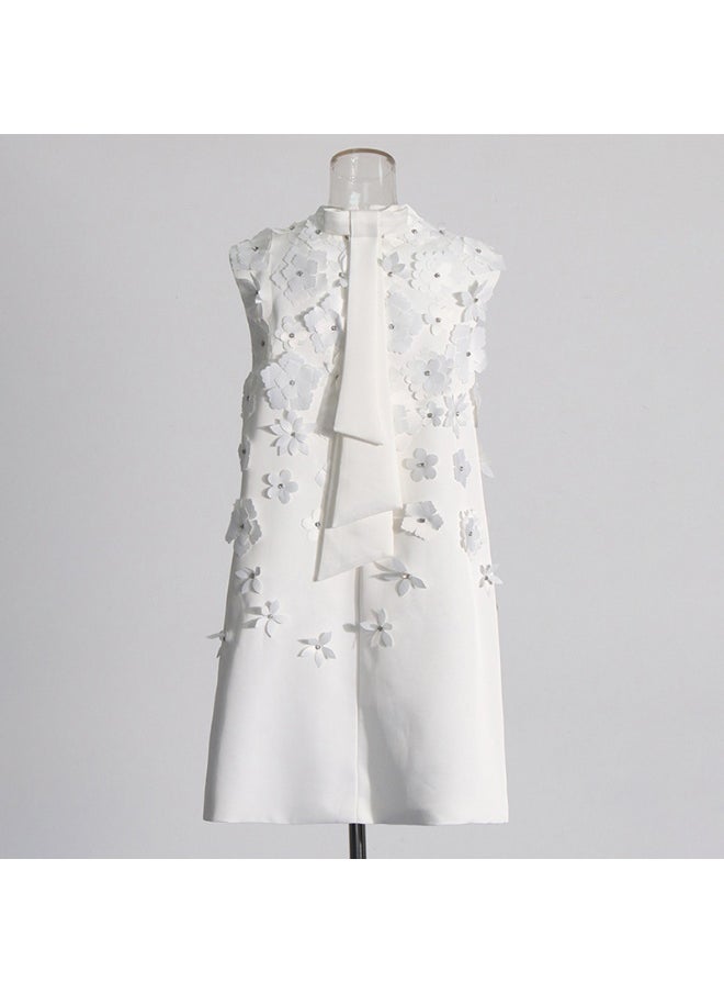 Chic Designer-Inspired Sleeveless A-Line Dress with 3D Floral Embellishments for Women