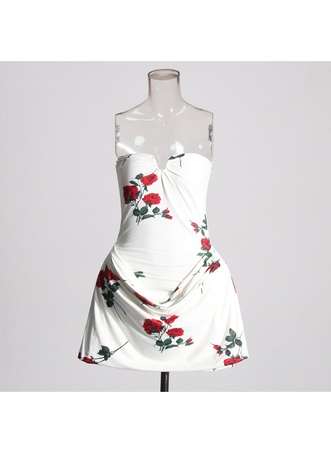 Elegant Strapless Dress for Women with Bodycon Fit and Floral Ruffle Design
