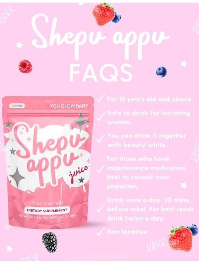Shepu Appu Beauty Drink Mix - 10 Sachets | Skin Hydration Support with Hyaluronic Acid & Vitamin C | Pink Powder Supplement