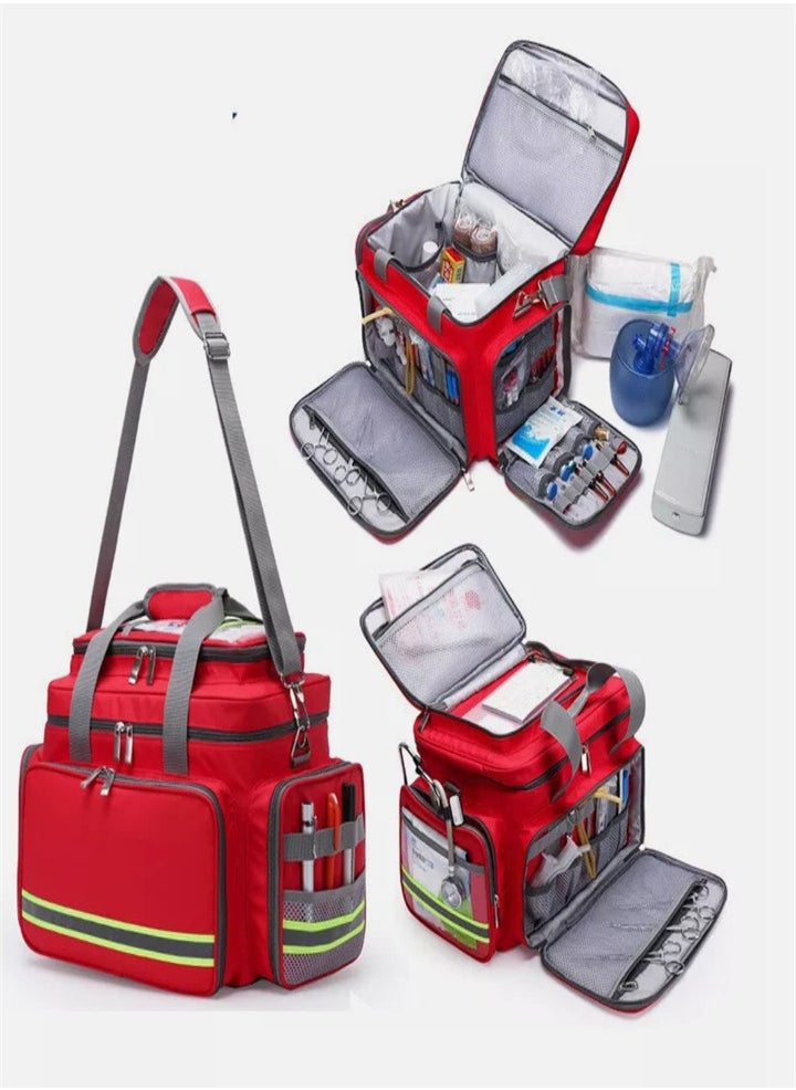 Large capacity medicine box - first aid bag with reflective strips - waterproof large size - suitable for camping - travel - community doctor - home care - red