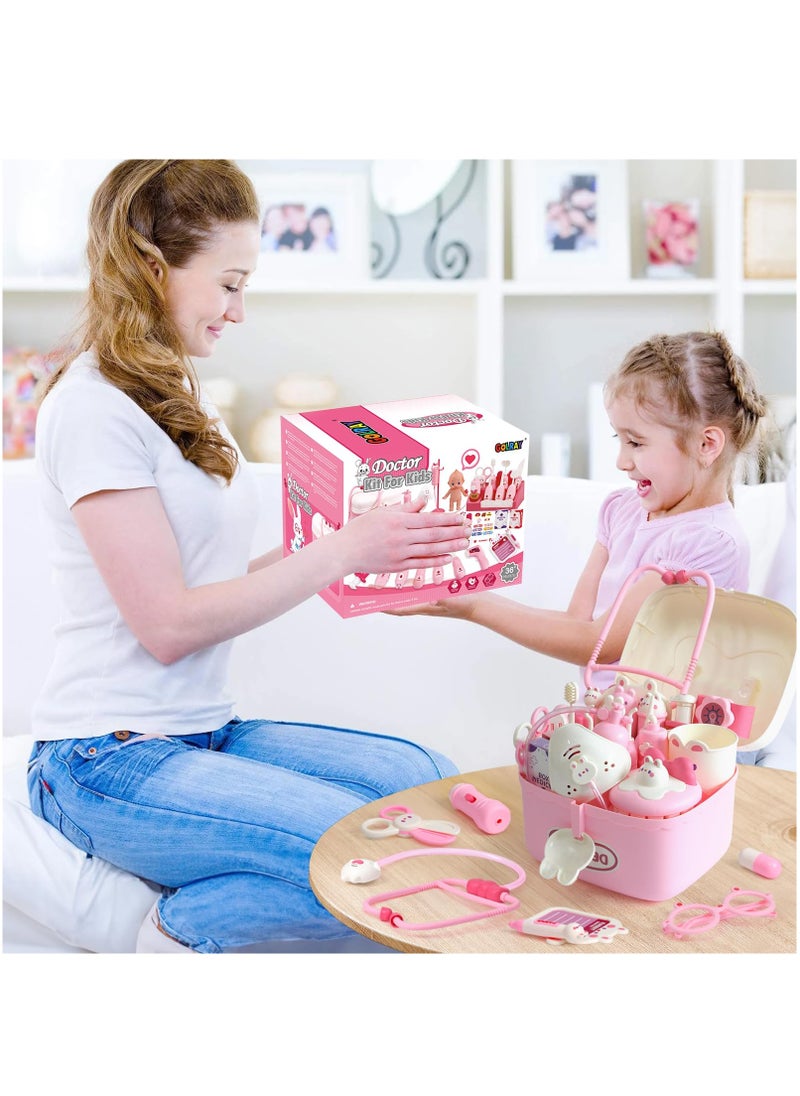 52 Pcs Toy Doctor Kit with Baby Doll Pretend Teeth for Girls Kids Dentist Pretend Play Set with Dental Tools, Rabbit Carrying Box, Stethoscope Toy Role Play Gift for Kids Girls Toddlers 3-6
