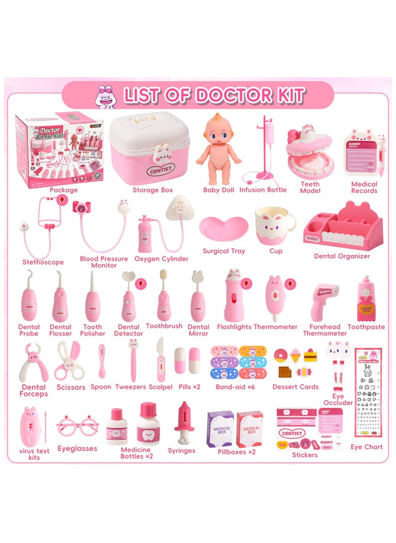 52 Pcs Toy Doctor Kit with Baby Doll Pretend Teeth for Girls Kids Dentist Pretend Play Set with Dental Tools, Rabbit Carrying Box, Stethoscope Toy Role Play Gift for Kids Girls Toddlers 3-6
