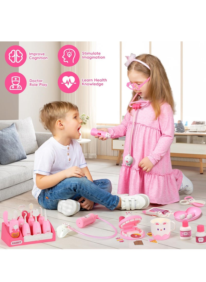 52 Pcs Toy Doctor Kit with Baby Doll Pretend Teeth for Girls Kids Dentist Pretend Play Set with Dental Tools, Rabbit Carrying Box, Stethoscope Toy Role Play Gift for Kids Girls Toddlers 3-6