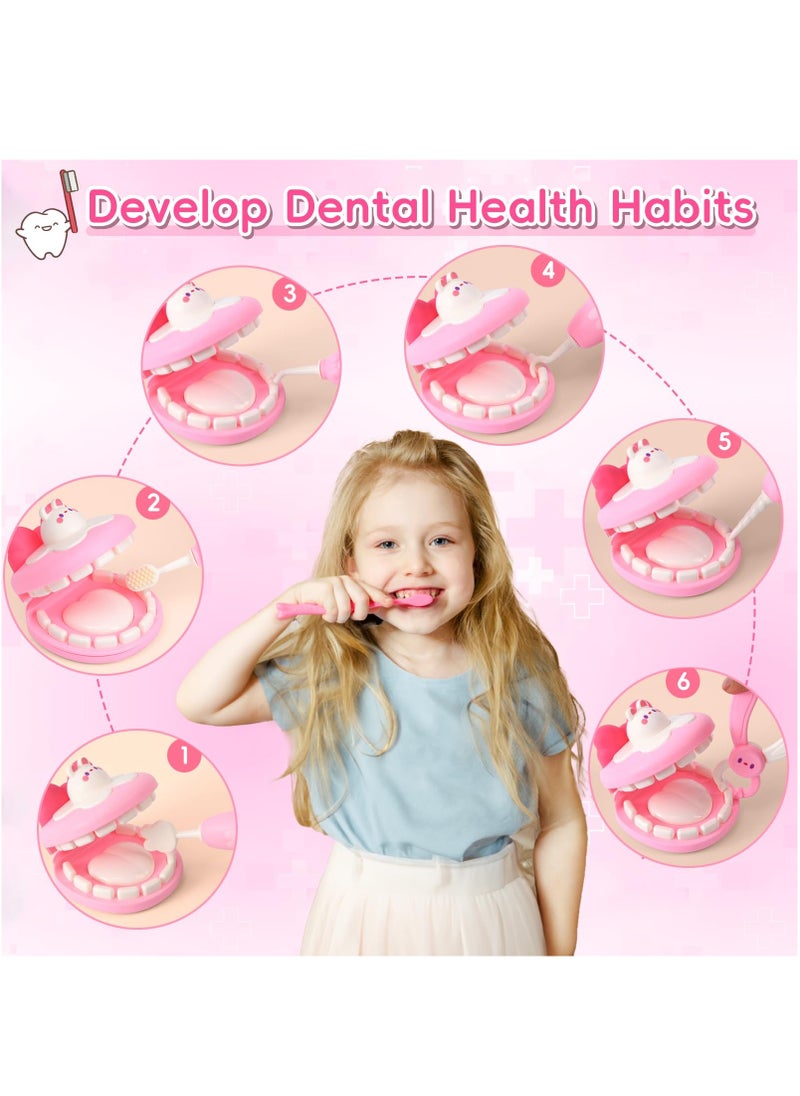 52 Pcs Toy Doctor Kit with Baby Doll Pretend Teeth for Girls Kids Dentist Pretend Play Set with Dental Tools, Rabbit Carrying Box, Stethoscope Toy Role Play Gift for Kids Girls Toddlers 3-6