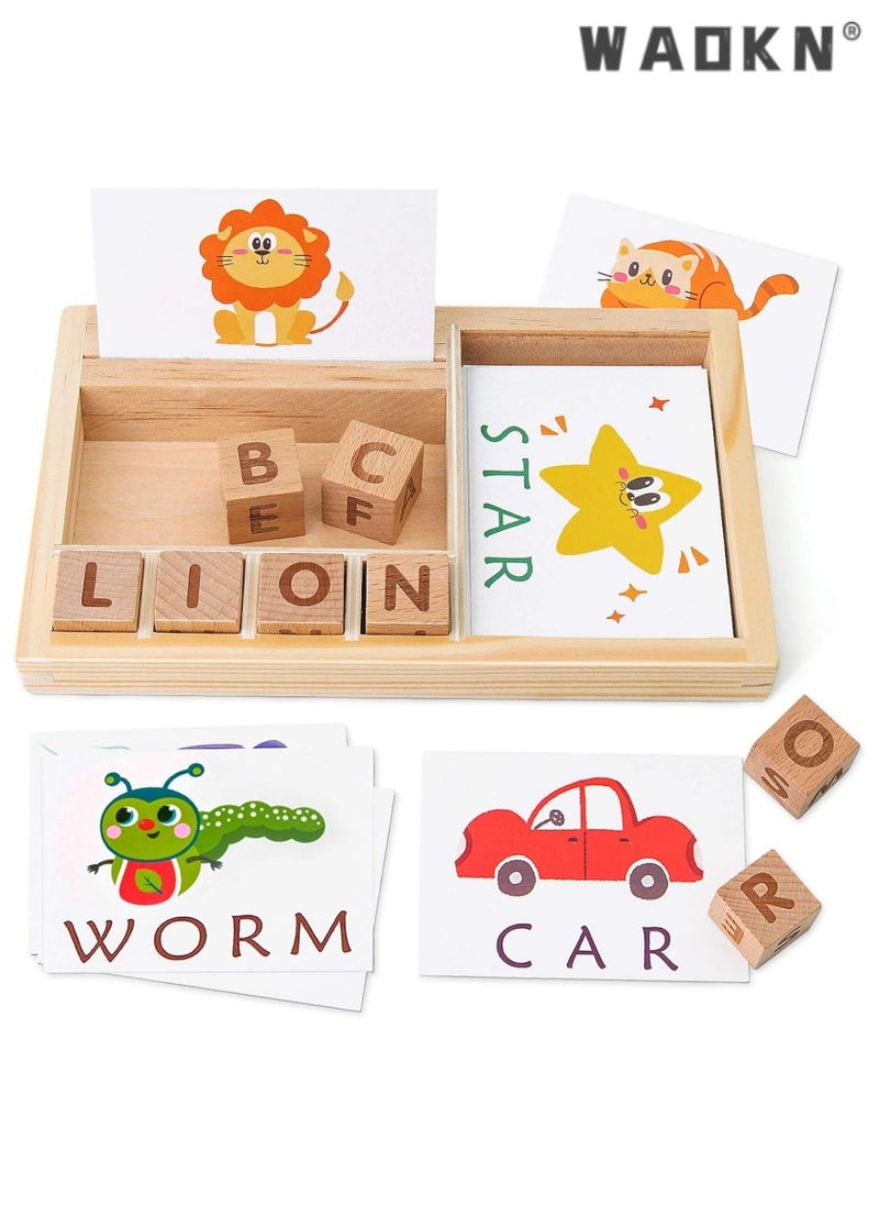 Spelling Games, Wooden Matching Letters Toy with Flash Cards Words, Montessori ABC Alphabet Learning Educational Puzzle Gift for Preschool Boys Girls Kids Age 3 4 5 Years Old