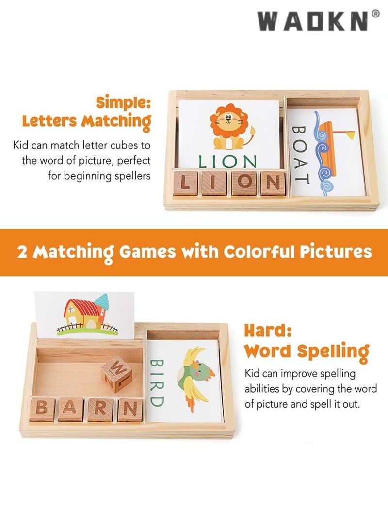 Spelling Games, Wooden Matching Letters Toy with Flash Cards Words, Montessori ABC Alphabet Learning Educational Puzzle Gift for Preschool Boys Girls Kids Age 3 4 5 Years Old