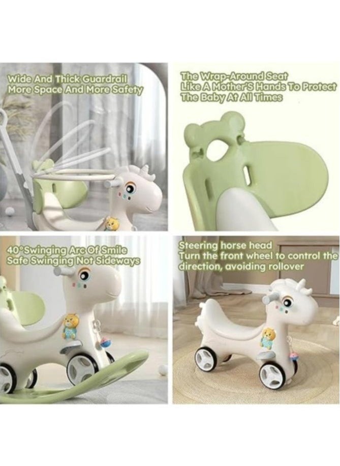 Rocking Horse for Toddler Balance Bike Ride On Toys with Push Handle Backrest Balance Board for Birthday Green