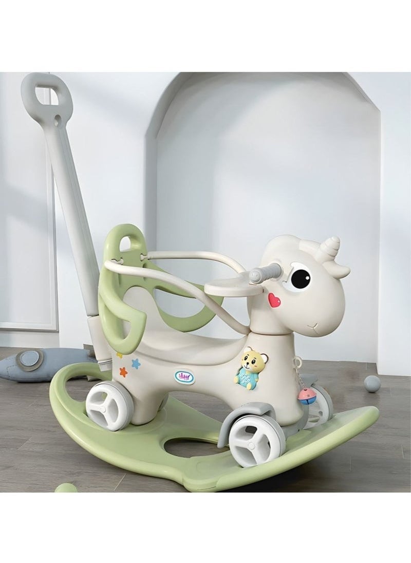 Rocking Horse for Toddler Balance Bike Ride On Toys with Push Handle Backrest Balance Board for Birthday Green
