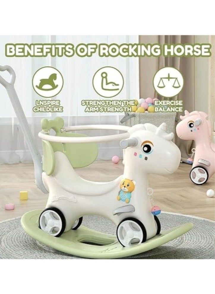 Rocking Horse for Toddler Balance Bike Ride On Toys with Push Handle Backrest Balance Board for Birthday Green