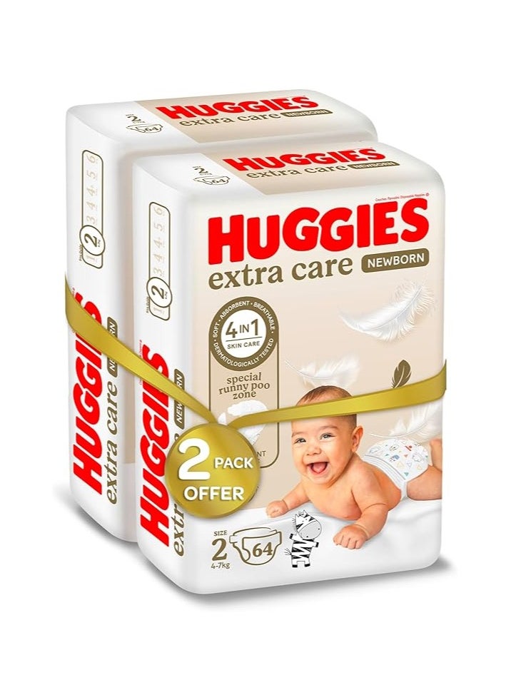 Huggies Extra Care Newborn, Size 2, 4 - 6 kg, Twin Jumbo Pack, 128 Diapers